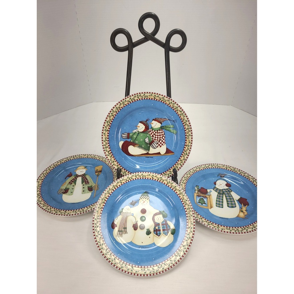 Set of 4 Sakura Jolly Snowmen 8" Dessert Salad Plates Debbie Mumm Christmas 2000
